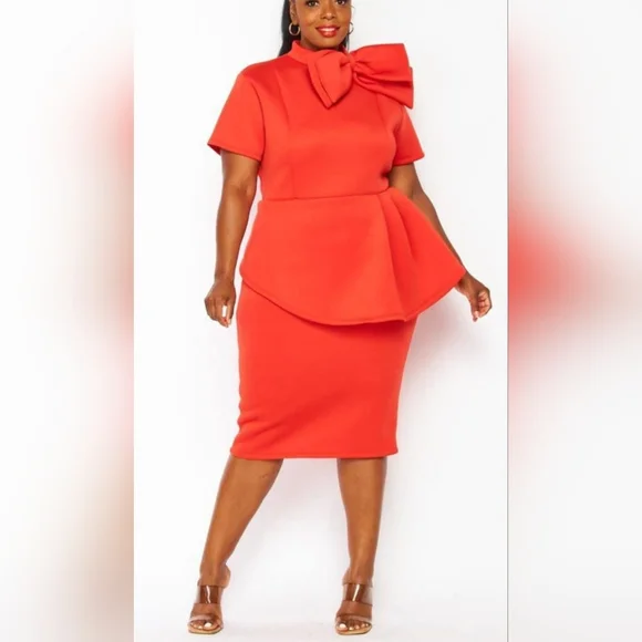 Illord Peplum Red Orange Dress With Bow Accent - Picture 1 of 2